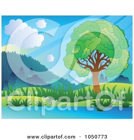Royalty-Free (RF) Clip Art Illustration of a Lush Green Riverside Landscape With Sunshine by visekart