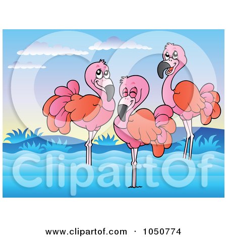 Royalty-Free (RF) Clip Art Illustration of Three Flamingos Wading by visekart
