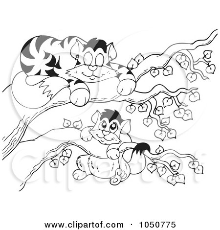 Royalty-Free (RF) Clip Art Illustration of a Coloring Page Of Cats In A Tree by visekart