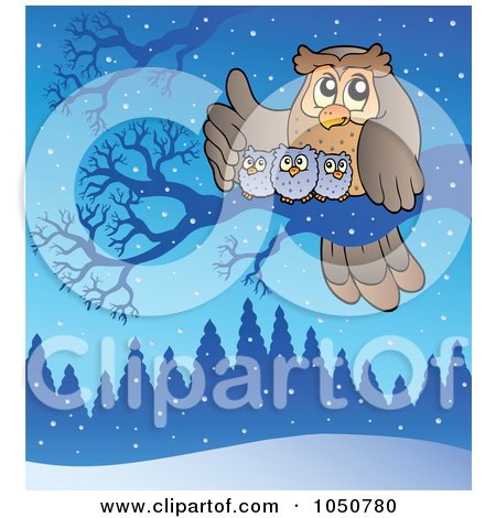 Royalty-Free (RF) Clip Art Illustration of a Owl Family Perched On A Branch In The Winter by visekart