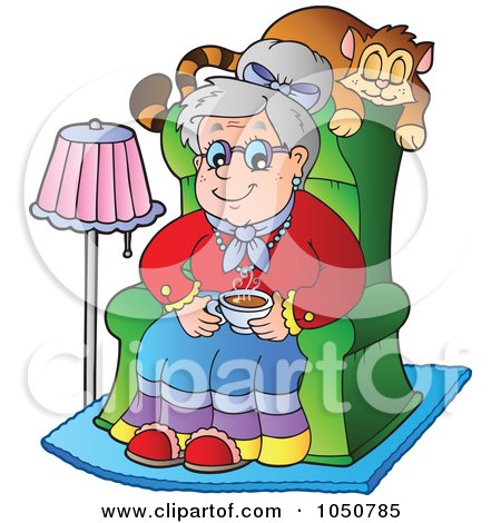 Royalty-Free (RF) Clip Art Illustration of a Granny Sitting In A Chair With Her Cat Napping Behind Her by visekart