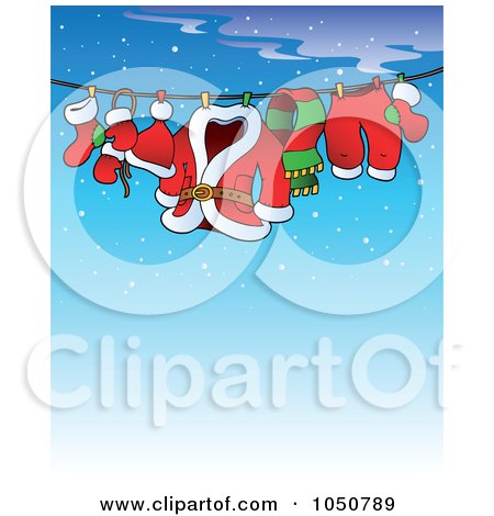 Royalty-Free (RF) Clip Art Illustration of Santa's Laundry Drying On A Clothesline Over Blue by visekart