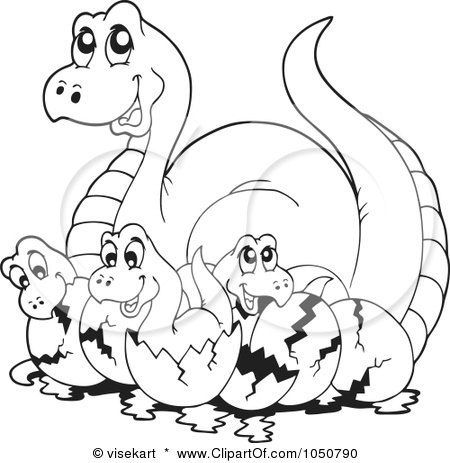 Royalty-Free (RF) Clip Art Illustration of a Coloring Page Of A Dinosaur With Hatchlings by visekart