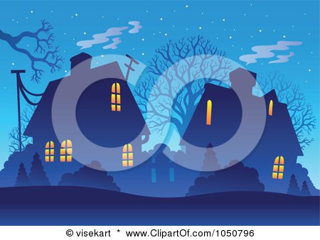Royalty-Free (RF) Clip Art Illustration of a Background Of A Winter Village At Dusk by visekart