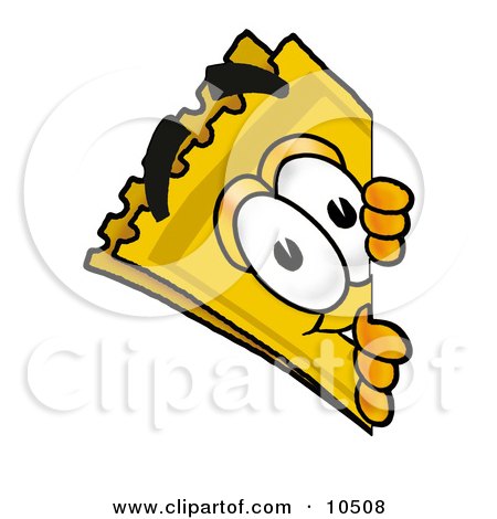 Clipart Picture of a Yellow Admission Ticket Mascot Cartoon Character Peeking Around a Corner by Mascot Junction