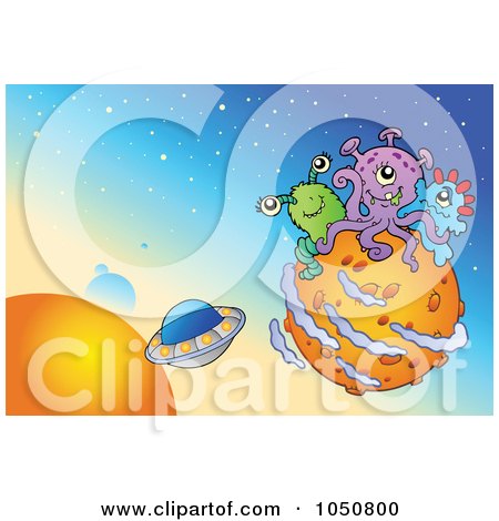 Royalty-Free (RF) Clip Art Illustration of a Foreign Planet With Aliens And UFOs by visekart