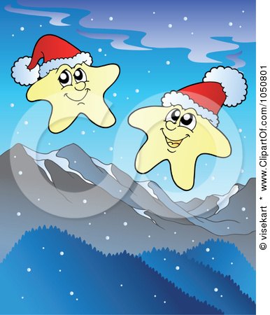 Royalty-Free (RF) Clip Art Illustration of Happy Stars Wearing Santa Hats Over Mountains by visekart