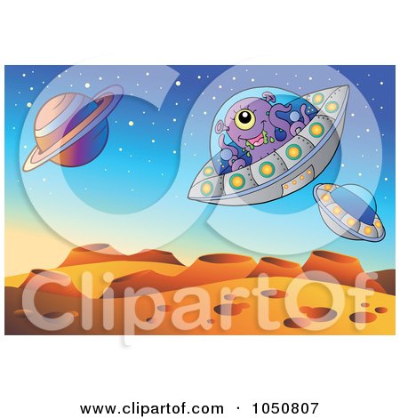 Royalty-Free (RF) Clip Art Illustration of UFOs Flying Over A Foreign Planet Landscape by visekart