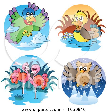 Royalty-Free (RF) Clip Art Illustration of a Digital Collage Of Parrot, Duck, Flamingo And Owl Logos by visekart