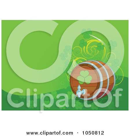 Royalty-Free (RF) Clip Art Illustration of a Green St Patricks Day Background With Shamrocks And A Beer Keg by Pushkin