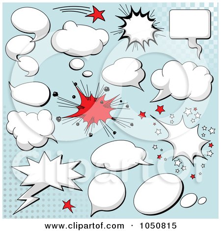 Royalty-Free (RF) Clip Art Illustration of a Digital Collage Of Comic Burst Clouds On Blue by Pushkin