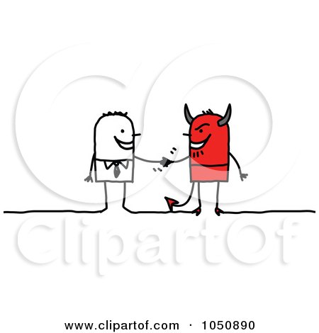 Royalty-Free (RF) Clip Art Illustration of a Stick Businessman Shaking Hands With A Devil by NL shop