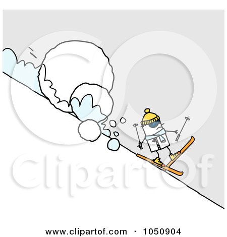 Royalty-Free (RF) Clip Art Illustration of a Stick Man Skiing In Front Of A Giant Snowball by NL shop
