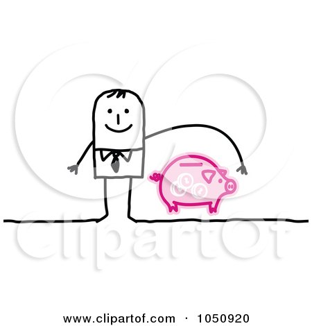 Royalty-Free (RF) Clip Art Illustration of a Stick Businessman Reaching Over A Piggy Bank by NL shop