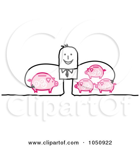 Royalty-Free (RF) Clip Art Illustration of a Wealthy Stick Businessman With Pink Piggy Banks by NL shop