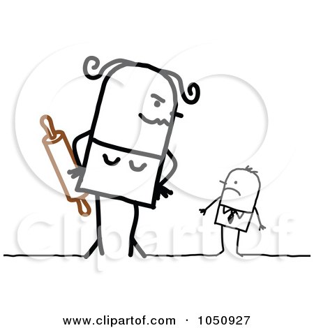 Royalty-Free (RF) Clip Art Illustration of a Stick Woman Looming Over A Businessman With A Rolling Pin by NL shop