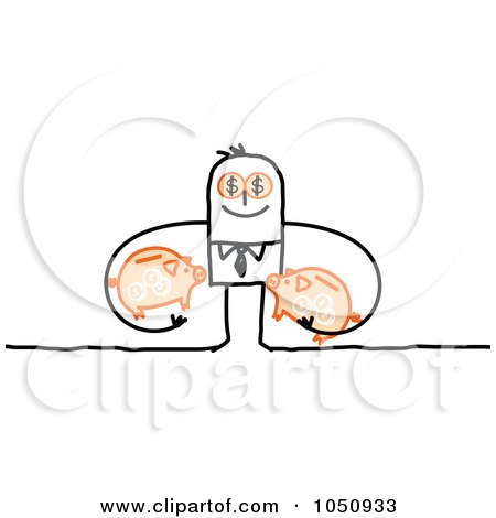 Royalty-Free (RF) Clip Art Illustration of a Wealthy Stick Businessman With Orange Piggy Banks by NL shop