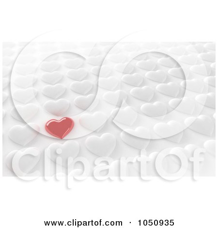 Royalty-Free (RF) Clip Art Illustration of a Single 3d Red Heart In Rows Of White Hearts by stockillustrations