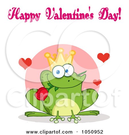 Royalty-Free Vector Clip Art Illustration of a Happy Valentines Day Text Over A Frog Prince With A Rose by Hit Toon
