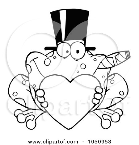 Royalty-Free Vector Clip Art Illustration of an Outlined Frog Smoking A Cigar, Wearing A Hat And Holding A Heart by Hit Toon
