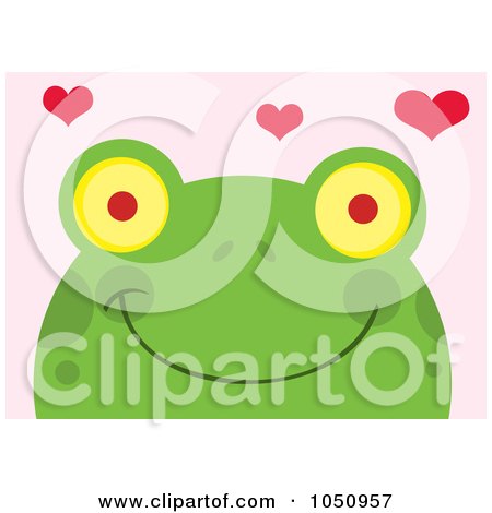 Royalty-Free Vector Clip Art Illustration of a Smiling Frog Face With Hearts Over Pink by Hit Toon