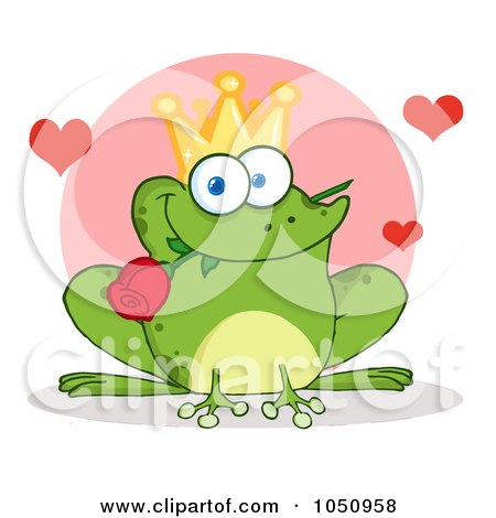 Royalty-Free Vector Clip Art Illustration of a Frog Prince With A Rose Over A Pink Circle by Hit Toon