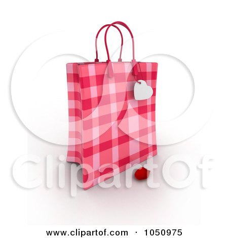 Royalty-Free (RF) Clip Art Illustration of a 3d Plaid Valentine Gift Bag With A Heart Tag And Rose Petal by BNP Design Studio
