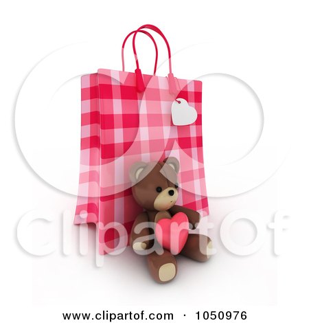 Royalty-Free (RF) Clip Art Illustration of a 3d Plaid Valentine Gift Bag With A Teddy Bear by BNP Design Studio