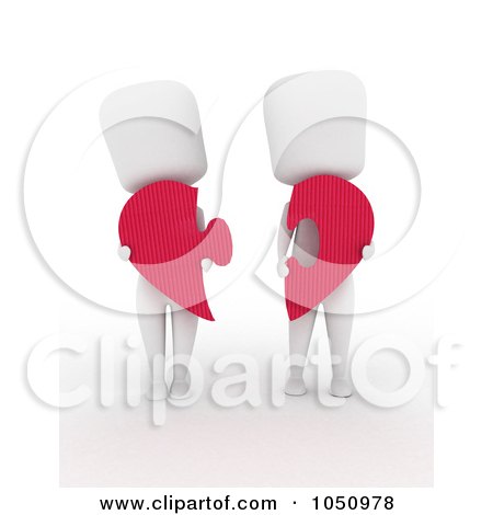 Royalty-Free (RF) Clip Art Illustration of a 3d Ivory White Couple Holding Heart Puzzle Pieces by BNP Design Studio