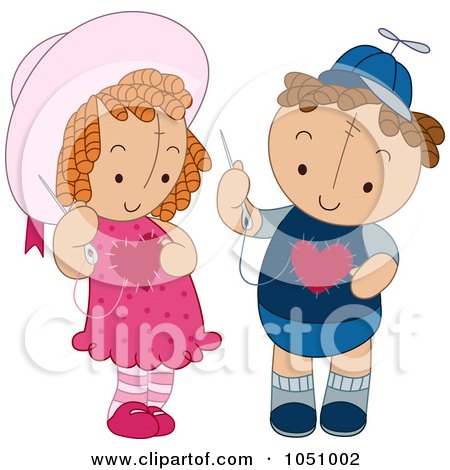 Royalty-Free Vector Clip Art Illustration of Dolls Sewing Hearts On Their Chests by BNP Design Studio