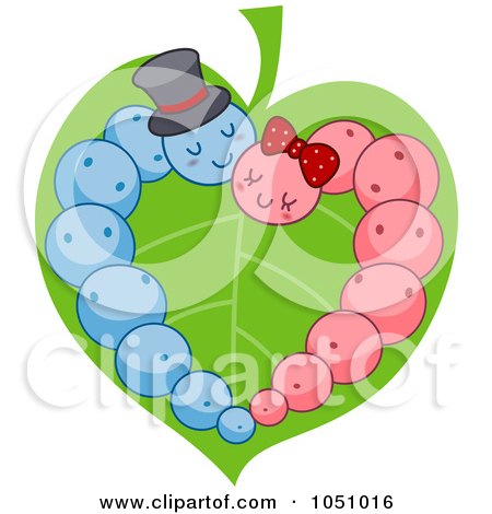 Royalty-Free Vector Clip Art Illustration of Pink And Blue Caterpillars Forming A Heart On A Leaf by BNP Design Studio