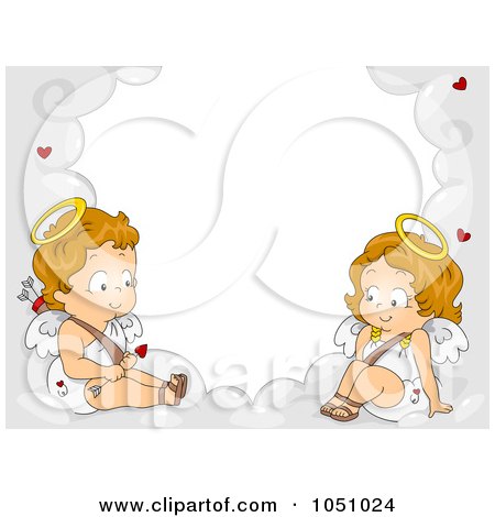 Royalty-Free Vector Clip Art Illustration of a Valentine Cupid Couple In A Cloud Frame - 1 by BNP Design Studio