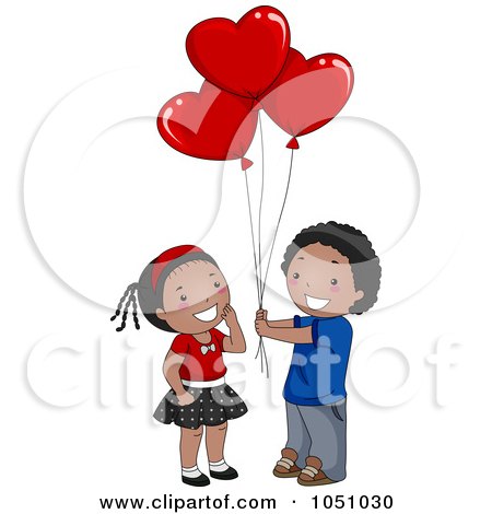 Royalty-Free Vector Clip Art Illustration of a Black Boy Giving Heart Balloons To A Girl by BNP Design Studio