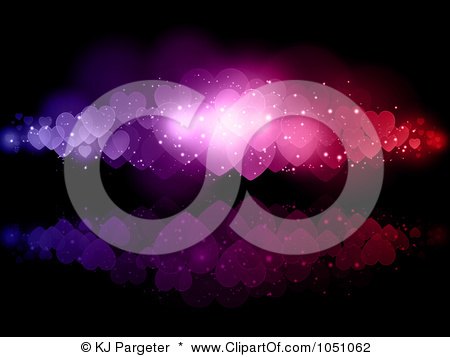 Royalty-Free Vector Clip Art Illustration of a Background Of Glowing Colorful Hearts With A Reflection On Black by KJ Pargeter