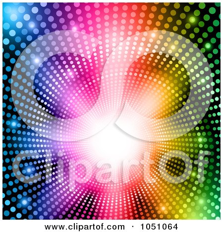 Royalty-Free Vector Clip Art Illustration of a Background Of Colorful Halftone Dots And A Bright Light In A Tunnel by KJ Pargeter