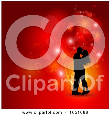 Royalty-Free Vector Clip Art Illustration of a Red Valentine Background With Vines, Orbs And A Silhouetted Kissing Couple by KJ Pargeter
