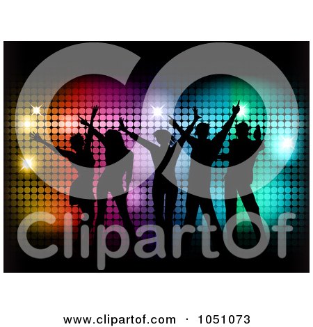 Royalty-Free Vector Clip Art Illustration of a Group Of Silhouetted Party People Dancing Over Colorful Halftone And Black by KJ Pargeter