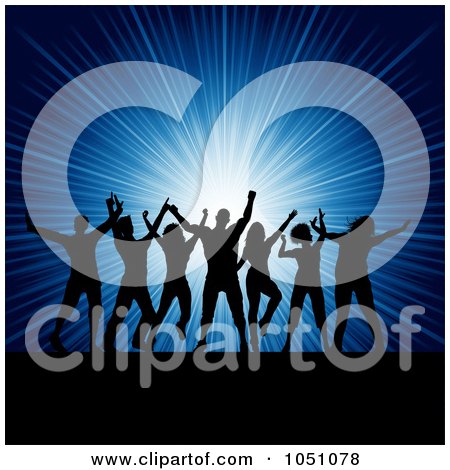 Royalty-Free Vector Clip Art Illustration of a Group Of Silhouetted Party People Dancing Over Blue Rays by KJ Pargeter