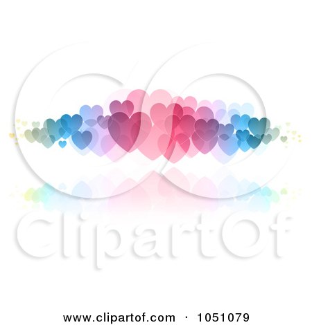 Royalty-Free Vector Clip Art Illustration of a Background Of Colorful Hearts With A Reflection On White by KJ Pargeter