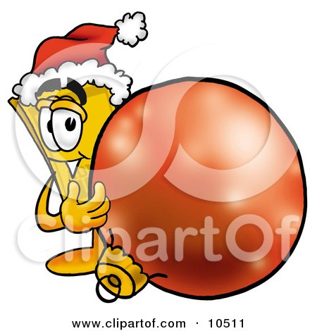 Clipart Picture of a Yellow Admission Ticket Mascot Cartoon Character Wearing a Santa Hat, Standing With a Christmas Bauble by Mascot Junction