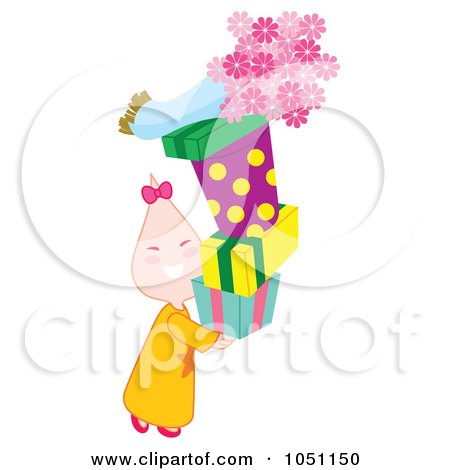 Royalty-Free Vector Clip Art Illustration of a Child Carrying A Stack Of Presents And Flowers by Cherie Reve