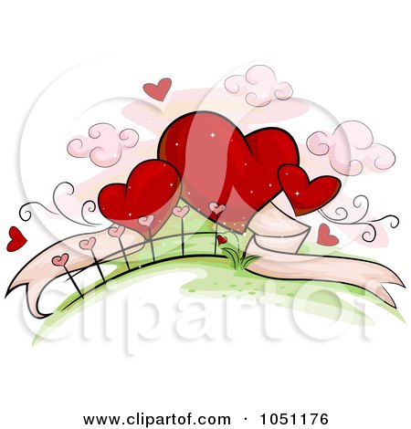 Royalty-Free Vector Clip Art Illustration of Red Hearts With A Banner On A Hill by BNP Design Studio