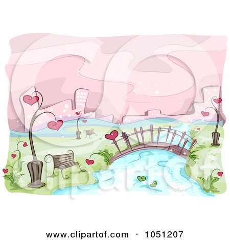 Royalty-Free Vector Clip Art Illustration of a Romantic Scene Of A Bench By A River by BNP Design Studio