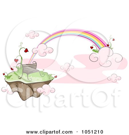 Royalty-Free Vector Clip Art Illustration of a Bench On A Floating Island With Hearts And A Rainbow by BNP Design Studio