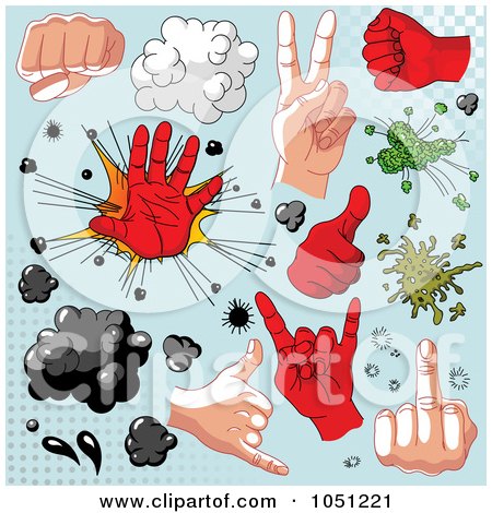 Royalty-Free Vector Clip Art Illustration of a Digital Collage Of Comic Hands And Design Elements On Blue by Pushkin