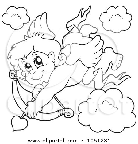 Royalty-Free Vector Clip Art Illustration of an Outline Of Cupid Shooting Love's Arrow In The Sky by visekart