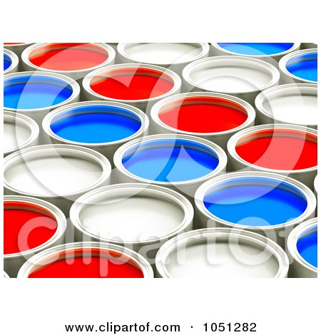 Royalty-Free 3d Clip Art Illustration of 3d Red, White And Blue Cans Of Paint In Rows - 1 by ShazamImages