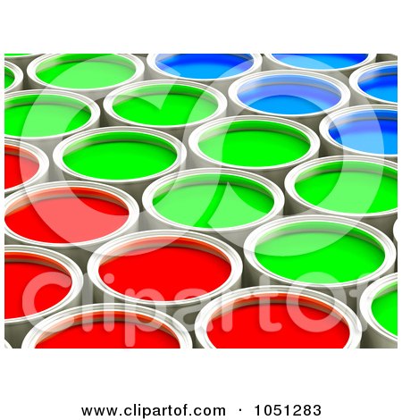 Royalty-Free 3d Clip Art Illustration of 3d Red, Green And Blue Paint Cans In Rows - 2 by ShazamImages