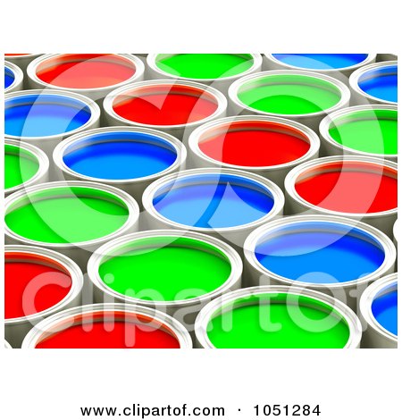 Royalty-Free 3d Clip Art Illustration of 3d Red, Green And Blue Paint Cans In Rows - 1 by ShazamImages