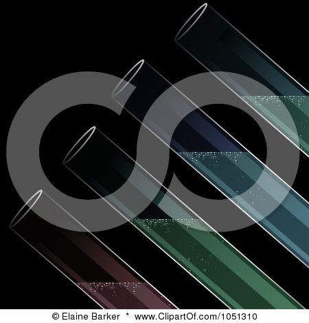 Royalty-Free Vector Clip Art Illustration of a Background Of Glass Test Tubes With Coloured Liquid On Black by elaineitalia
